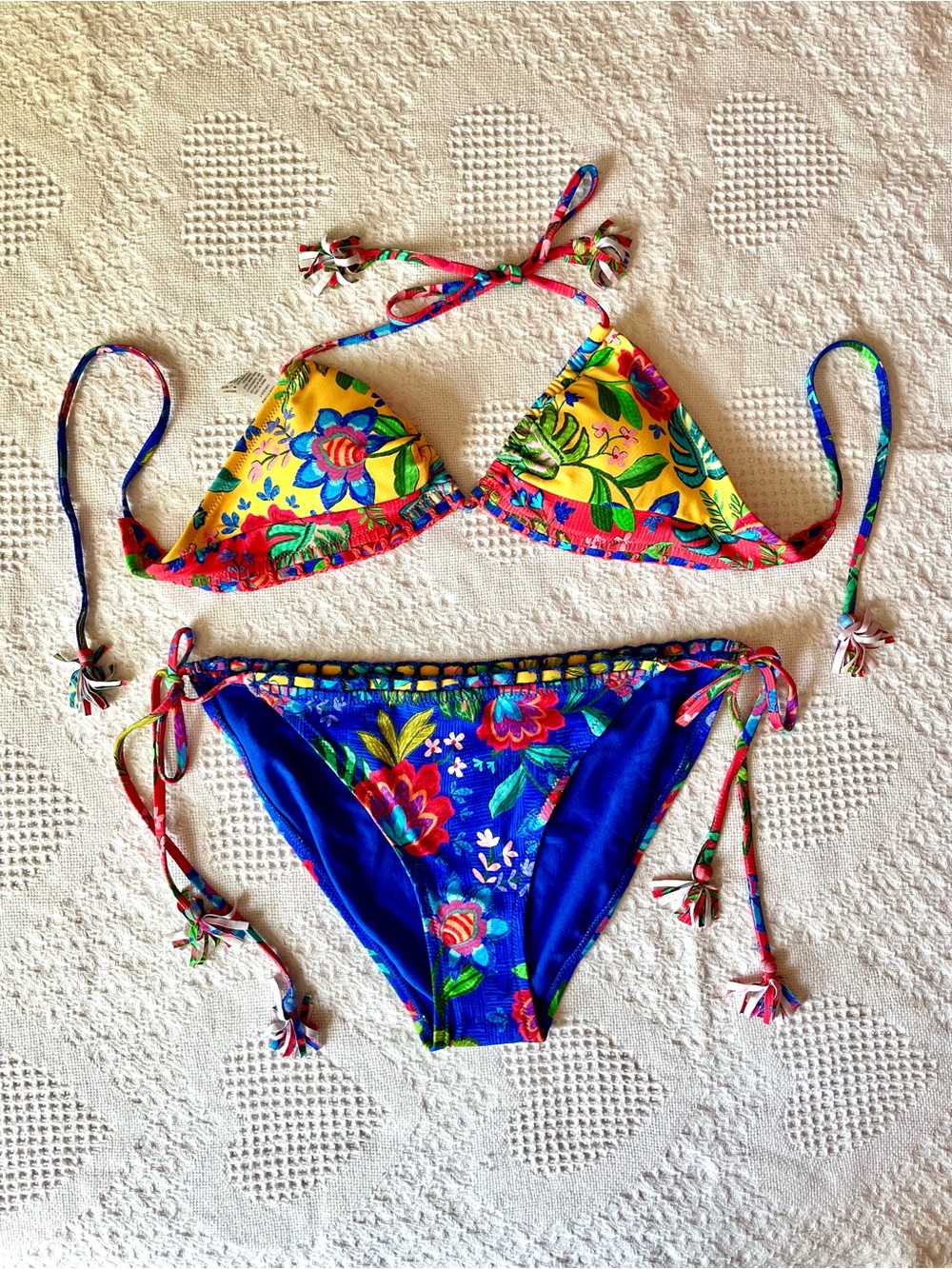 NWT Johnny Was Yellow & Blue Floral Triangle Tie Bikini Set Top & Bottom